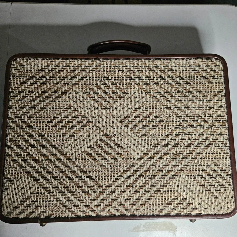 Vintage Hardshell Tweed Suitcase Brown Chevron Woven Luggage with Keys 1960s
